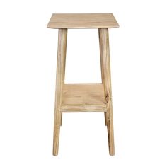 a small wooden table with one shelf on the top and two legs at the bottom