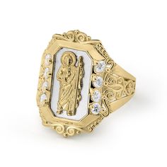 10k & 14k Solid Gold San Judas (Saint Jude) Ring Rectangular CZ Vintage for Men Women / Unique Statement Jewelry Gift for Him Her Elevate your style and honor your faith with the exquisite 10k & 14k Gold San Judas Two-Tone CZ Royal Ring. Crafted from genuine yellow and white gold, this striking piece features a brilliant array of cubic zirconia that captures light beautifully, making it a standout accessory for any occasion. Symbolizing devotion to San Judas (Saint Jude the Apostle), this ring serves as both a fashionable statement and a meaningful emblem of belief. Its lightweight design ensures comfort, while its substantial construction guarantees lasting durability--perfect for daily wear or special events. Whether you're treating yourself or searching for an exceptional gift for the m Vintage For Men, Royal Ring, Royal Rings, Saint Jude, St Jude, Accessories Ideas, Vintage Inspired Design, Cz Stone, Statement Jewelry