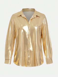 Jeevan Metallic Chic Top Gold Blouse For Night Out, Trendy Long Sleeve Gold Blouse, Casual Gold Blouse For Party, Trendy Fitted Gold Blouse, Trendy Gold Blouse For Spring, Gold Tops, Chic Shirts, Chic Top, Sequin Mini