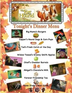 the lion and the mouse dinner menu is shown in an orange leafed frame with pictures