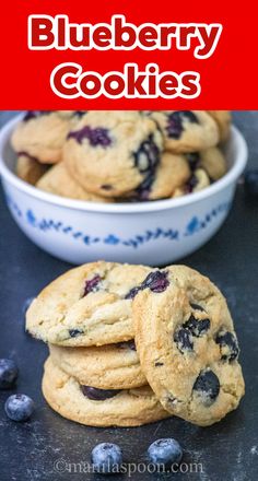 blueberry cookies are stacked up in a bowl and on the counter with text overlay