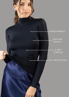 The Long Sleeve Turtleneck adds a sophisticated silhouette to your wardrobe and doubles as active wear with thermal and quick-dry technology. Designed to wear on its own, but is also perfect for layering. Compact, light, thermoregulating and soft, with 4-way stretch. Part of our Signature Collection, this year-round turtleneck is silky, sleek and non-constrictive. Made with Renew Fine fabric, an eco-sustainable fabric created with ECONYL® regenerated nylon thread. All Luxeire garments require no 4 Directions, Sustainable Fabric, Long Sleeve Turtleneck, Fine Fabric, Sustainable Fabrics, Signature Collection, Quick Dry, Active Wear, Turtle Neck