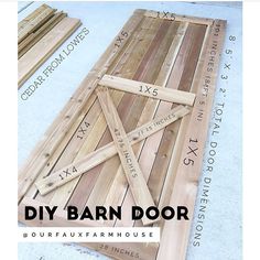 the diy barn door is made out of wood and has measurements for each piece