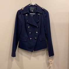 Inc Navy Winter Mariner Jacket. Size Small. Brand New W/Tags. Casual Blue Pea Coat With Double Button Closure, Navy Workwear Outerwear With Snap Buttons, Blue Office Outerwear With Snap Buttons, Blue Double-breasted Outerwear With Snap Buttons, Navy Fitted Button-up Outerwear, Spring Long-sleeve Peacoat For Work, Fitted Long Sleeve Peacoat For Spring, Blue Pea Coat With Double Button Closure For Spring, Blue Outerwear With Double Button Closure For Fall