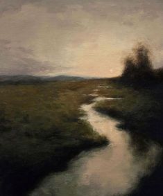 an oil painting of a river running through a field