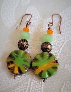 Green and Orange Czech Beaded Earrings, Boho Colorful Vacation Earrings  | eBay Czech Beads Jewelry, Beaded Top, Fall Earrings, Handcrafted Artisan Jewelry, Handcrafted Earrings, Colorful Boho, Czech Beads, Green Bead, Green And Orange