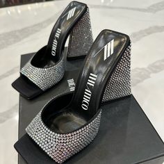 Brand New With Box And Dust Bag! Luxury High Heels With Silver Accents, Chic Bling Heels For Events, Chic Black Sparkling Heels, Luxury Rhinestone Block Heel Heels, Chic Black Heels With Bling, Luxury Rhinestone Block Heels, Chic Bling Heels For Cocktail, Chic Cocktail Heels With Bling, Elegant Black Heels With Bling