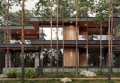 the house is surrounded by trees and rocks