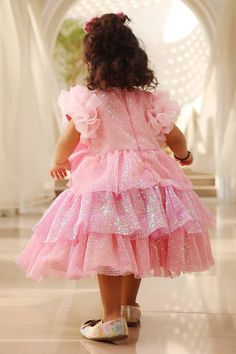 Pink tiered sequined frock with frilled sleeves and a big bow in the center. - Aza Fashions Frilled Sleeves, Eid Decoration, Girls Pink Dress, Frocks For Girls, Dresses Pink, Big Bow, Dresses Kids Girl, Pink Sequin, Big Bows