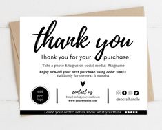 a thank card with the words thank you for your purchase in black and white on it