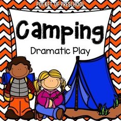 a poster with the words camping on it and two children sitting in front of a tent