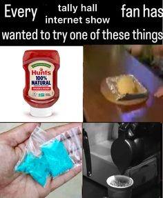 there are many different things in this collage, including blue powder and butter on the counter