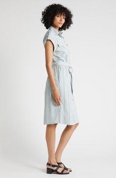 This striped cotton shirtdress evokes utility-inspired style with patch pockets at the chest and roll tabs at the shoulders. 45" length (size Medium) Front button closure Spread collar Short sleeves with roll-tab cuffs Chest flap-patch pockets; side-seam pockets Removable tie belt Unlined 100% cotton Machine wash, line dry Imported Short Sleeve Dresses With Vertical Stripes For Work, Casual Striped Shirt Dress Relaxed Fit, Cotton Short Sleeve Dress With Striped Collar, Spring Vertical Stripes Shirt Dress For Work, Spring Vertical Stripes Workwear Shirt Dress, Striped Fitted Cotton Shirt Dress, Fitted Striped Cotton Shirt Dress, Summer Workwear Shirt Dress With Striped Collar, Striped Midi Shirt Dress For Work