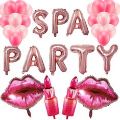 the words spa party surrounded by balloons and lipstick