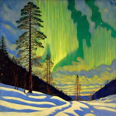 an oil painting of the aurora bore over a snow covered landscape with pine trees and evergreens