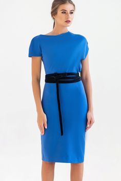 "A beautiful cobalt blue dress is featuring an asymmetrical design, pencil silhouette, and a midi length. - fitted pencil silhouette - asymmetrical blouson bodice - short cap sleeves - midi (knee length) skirt - concealed side seam closure - velvet belt included (you may choose red or black) Fiber: 55% viscose, 40% polyester, 5% elastane Color: cobalt blue For size S: length- 40,5\" (101 cm) Our model wears size S (US 8) and is 171cm/5'6\" tall. You may feel free choosing the size. Just send us Royal Blue Bodycon Dress For Evening, Elegant Blue Fitted Midi Dress, Elegant Royal Blue Bodycon Dress For Summer, Sleek Blue Evening Dress, Fitted Royal Blue Midi Dress, Elegant Short-sleeved Blue Bodycon Dress, Blue Short Sleeve Bodycon Dress For Formal Events, Elegant Blue Bodycon Midi Dress, Elegant Blue Short Sleeve Bodycon Dress