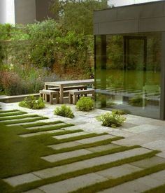 an outdoor area with grass and benches