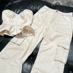 Cream Denim Set Pant Size M, Cargo. Top Size S Very Cute High Waist Beige Cargo Jeans For Spring, Beige Cargo Pocket Jeans For Summer, Summer Fitted Cargo Style Jeans, Beige Cargo Pocket Jeans For Spring, Spring Khaki Denim Pants, Khaki Denim Pants For Spring, Fitted Beige Cargo Pants For Spring, Cream Jeans With Pockets For Fall, Fall Cream Cargo Pants With Pockets