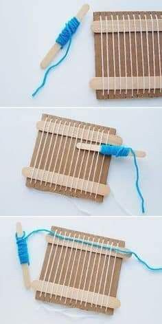 two pictures showing how to make a loom with yarn and wooden dows on it