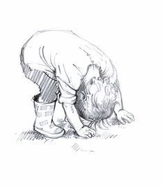 a pencil drawing of a child playing with a pair of rain boots on the ground