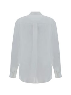 100% Cotton Classic Silk Tops With Concealed Placket, Classic Silk Top With Concealed Placket, Designer White Top With Fold Down Collar, White Long Sleeve Silk Shirt, Designer Formal Tops With Lapel Collar, Classic White Silk Shirt, Classic Silk Tops With Fold Down Collar, Luxury Formal Tops With Lapel Collar, Luxury Formal Top With Lapel Collar