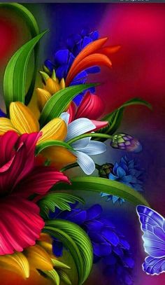 colorful flowers and a butterfly on a dark background