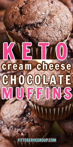 keto cream cheese chocolate muffins stacked on top of each other