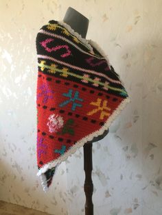 "This is my beautiful and soft shawl. It is warm and cozy. It is perfect accessory for your style. The shawl is crocheted from soft acrylic yarn. I made it with Bulgarian traditional motives. I put all my love in. Size:Height 30\"/78cm/,Width 55\"/140cm/. It is made to order. Please, allow 10 business days for my work. Wash by hands and flat dry." Bohemian Shawl Patterns For Winter, Handmade Yarn Shawl Scarves, Handmade Shawl For Winter Festival, Handmade Yarn Shawl Scarf, Handmade Yarn Shawl For Winter, Crochet Shawl In Acrylic Yarn, Hand Knitted Yarn Shawl Scarf, Crochet Yarn Shawl Patterns, Crochet Shawl Patterns With Yarn