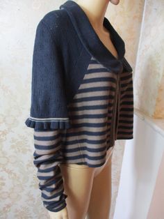 "Vintage cardigan \\ jacket in black with brown stripes.  It has a collar with a faux button and a snap fastener at the top.  The sleeves are long and striped with a black half sleeve over the top. Bust flat;  20\" Length;  20\" Inside arm;  21\" Made by SO & CO" Winter Striped Cardigan For Layering, Fall Outerwear With Striped Collar And Long Sleeves, Fall Long Sleeve Outerwear With Striped Collar, Striped Cardigan For Fall Layering, Fall Striped Cardigan For Layering, Chic Striped Winter Outerwear, Striped Outerwear For Winter Layering, Winter Striped Outerwear For Layering, Casual Striped Collar Cardigan For Fall