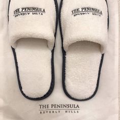 New / Never Worn Terry Cloth Padded Slippers White With Navy Blue Embroidered Logo & Trim 10 1/2” Long Rubber Soles New Comes With Zippered Pouch Hills Shoes, Hotel Slippers, Slippers White, Peninsula Hotel, Hotel Branding, Cloth Pads, Zippered Pouch, House Slippers, Terry Cloth