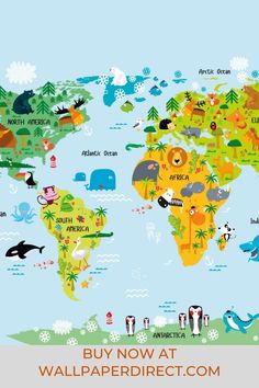 the world map with animals, trees and other things on it's sides is shown