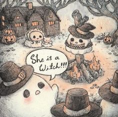 a drawing of two snowmen in front of a house with a sign that says she is a witch