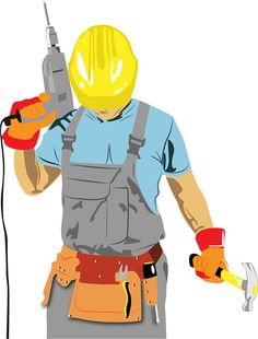 a man in overalls and safety gear holding a power drill