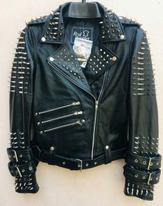 Handmade Women Black Punk Silver Spiked Studded Leather Biker Jacket on Storenvy Fitted Leather Jacket With Spikes For Fall, Fitted Long Sleeve Biker Jacket With Spikes, Edgy Winter Biker Jacket With Spikes, Long Sleeve Biker Jacket With Spikes, Edgy Spiked Winter Biker Jacket, Biker Jacket With Spikes And Long Sleeves, Spiked Leather Jacket For Biker Events, Spiked Long Sleeve Leather Jacket For Biker Events, Biker Jacket With Spikes