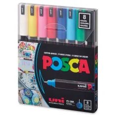 pack of 8 uni - colored posca pens in display box with assorted colors