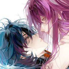 two people with purple hair are hugging each other