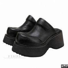 Fisdy - Classically-inspired Thick-Soled Leather Shoes: Vintage Retro Casual Platform Wedge Slides Pork Skin, Chunky Platform Sandals, Casual Wedges, Leather Footwear, Comfortable Wedges, Elegant High Heels, Comfortable Slippers, Leather Platform Sandals, Heel Slippers