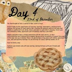 a poster with an owl and a pie on it's back cover that says, day 4