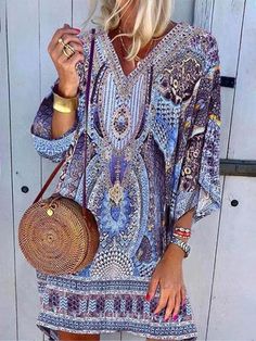 Casual Printed V-neck Mini Dress, Multicolor V-neck Mini Dress With Boho Print, Elegant Printed V-neck Mini Dress, Shift V-neck Dress For The Beach, Printed V-neck Dress For Vacation, Bohemian Mini Length V-neck Dress, Multicolor Boho Print V-neck Mini Dress, Multicolor V-neck Boho Print Mini Dress, Bohemian Shift V-neck Dress