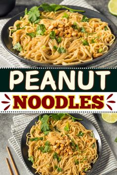 two plates of peanut noodles with chopsticks on the side and lime wedges next to them