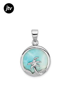 Rhodium over sterling silver palm tree pendant with lab created blue larimar stone and polished finish. Measures approximately 15/16"L x 11/16"W. Silver Larimar Pendant Jewelry, Nickel-free Larimar Silver Jewelry, Palm Tree Pendant, Larimar Stone, Tree Pendant, Palm Tree, Palm Trees, Lab, Sterling Silver