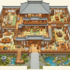 an architectural drawing of a japanese house with lots of wood and stonework on the floor