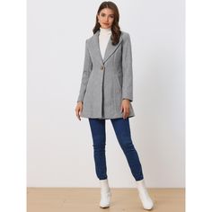 An elegant overcoat covered in a turn-down collar and full placket offers a charming look for day or night. Solid color and a turn-down collar bring casual elegance to a long-sleeved winter coat. Suitable for Casual, Business, Work, Dating, Weekend, Party, and Daily Wear. This classic winter mid-long overcoat is stylish and comfortable to wear, which is an essential overcoat for every modern woman and girl. Perfectly pair it with pants for a warm and business casual look, and style it with a lon Spring Single-breasted Collared Wool Coat, Spring Single-breasted Wool Coat With Collar, Single Button Gray Outerwear For Winter, Gray Single Button Outerwear For Winter, Gray Single Button Winter Outerwear, Single Button Collared Outerwear For Fall, Winter Double-breasted Single Button Outerwear, Winter Double-breasted Outerwear, Elegant Single Button Collared Outerwear