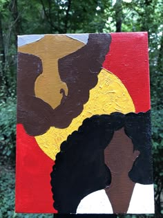 the painting is made to look like it has two women on it and trees in the background