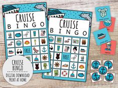 two printable cruise bingo game cards with the words cruise and boat on them, next to each other