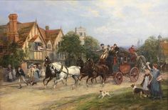 a painting of people riding on horses and carriages