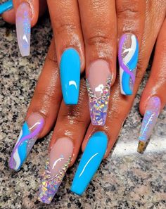 Blue Purple Nails, Colourful Acrylic Nails, Pedicure Designs Toenails, Nail Tip Designs, Fantasy Nails, Cute Nail Art Designs