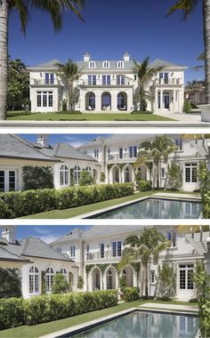 four different views of a large white house with pool and palm trees in the foreground