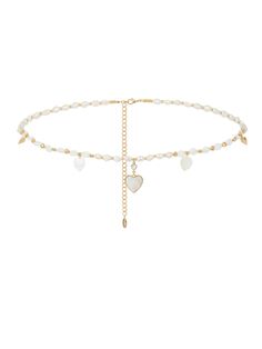 gold tone plated brass CZ acrylic pearl 20" with 5" extender Party Jewelry With Pearl And Heart Charm, Gold Heart Beads Choker Jewelry, Gold Heart Beaded Choker Jewelry, Heart Shaped Pearl Chain Jewelry For Party, Heart-shaped Pearl Chain Jewelry For Party, Pearl Heart Beads Jewelry For Party, Gold Pearl Jewelry With Heart Charm, Heart-shaped Pearl Beaded Chain Jewelry, Gold Pearl Jewelry With Heart Beads