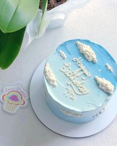 a blue birthday cake with white frosting and clouds on it next to a potted plant